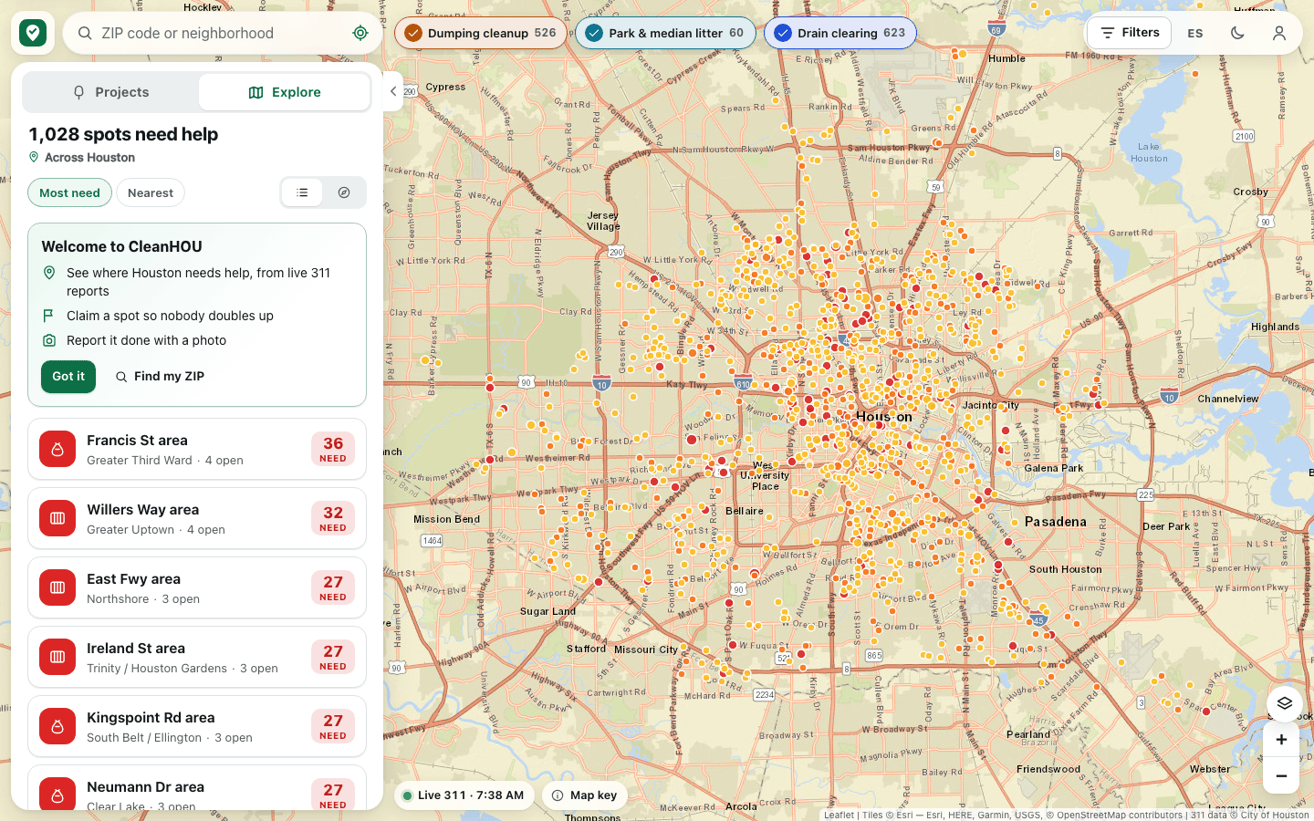 CleanHOU Explore screen with a Houston map of 311 hotspot dots beside a ranked list.